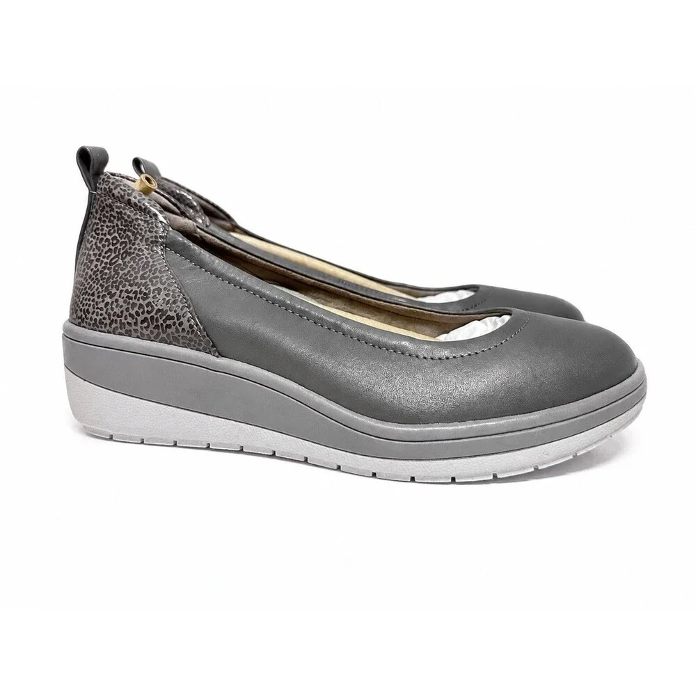 NEW Vionic Jacey Womens Size 6 WIDE Gray Leopard Leather Arch Support Wedge Pump